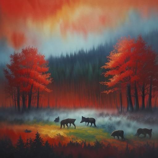 Blue Wolves in Autumn Forest: Gouache Impasto Painting