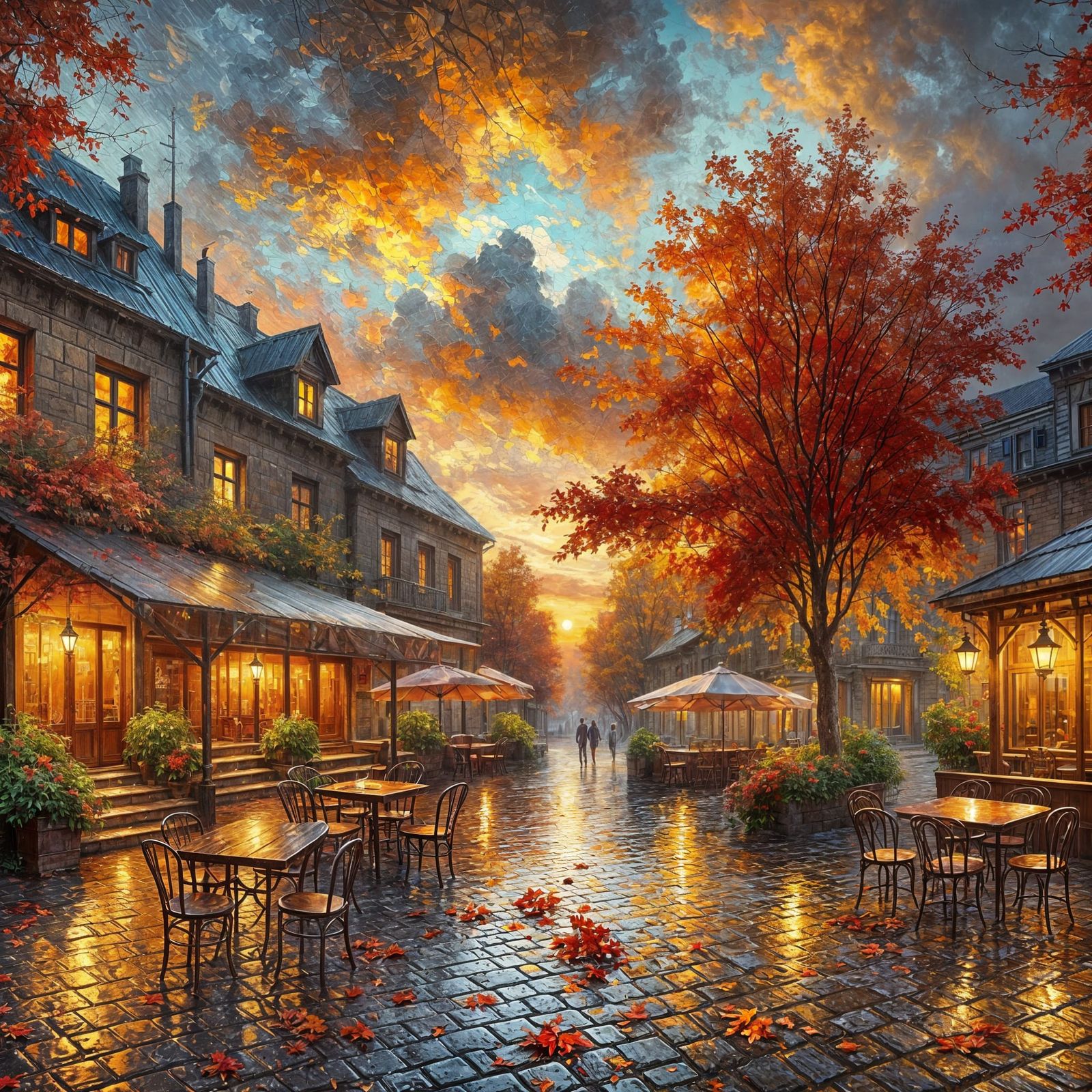 Impasto Autumn Sunset Over Rainy Town Square
