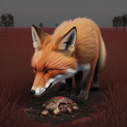 Mourning Fox Cries Over Heart in Skull Field