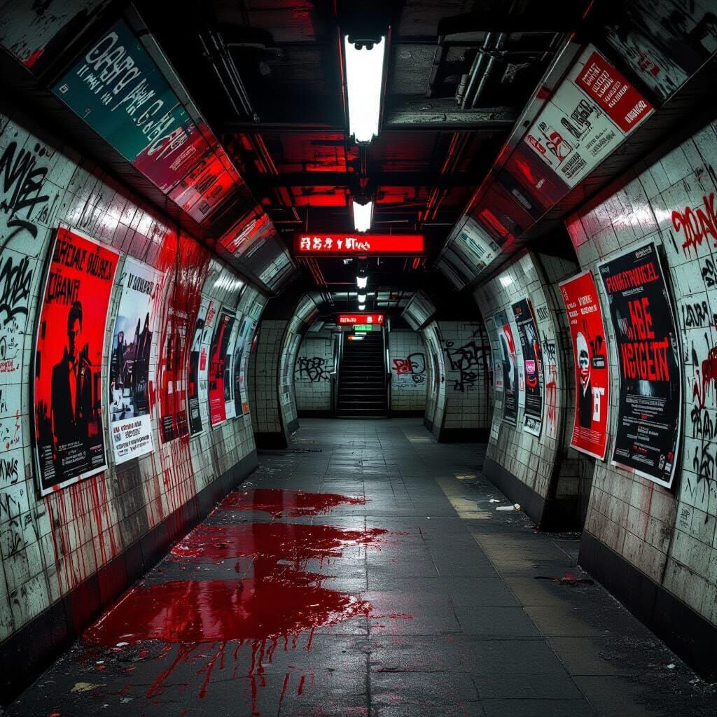 Dystopian Subway Station in Crimson Light
