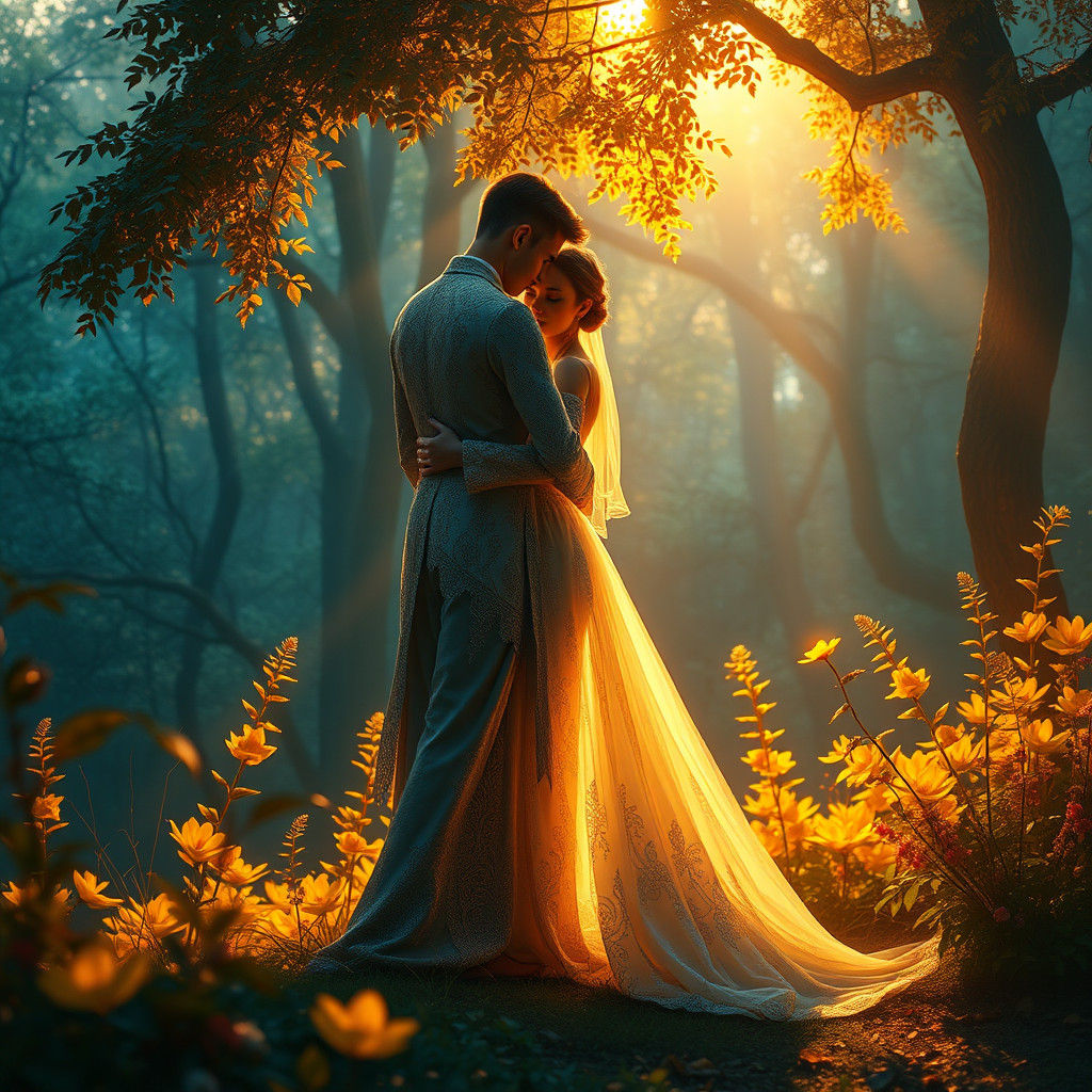 Loving Couple Embracing in Enchanted Forest