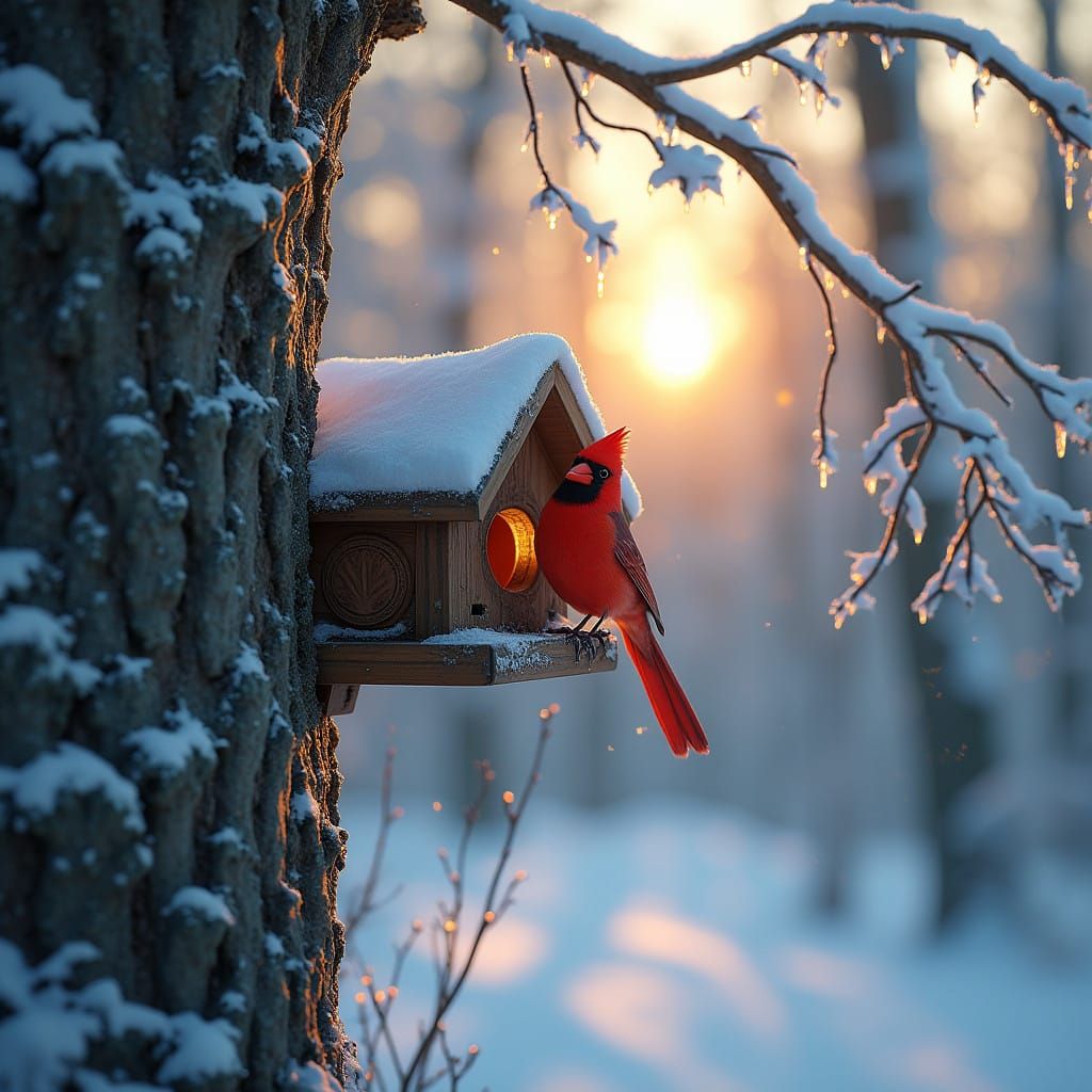 Vibrant Cardinal Perched on Pine Branch in Snowy Winter Wond...