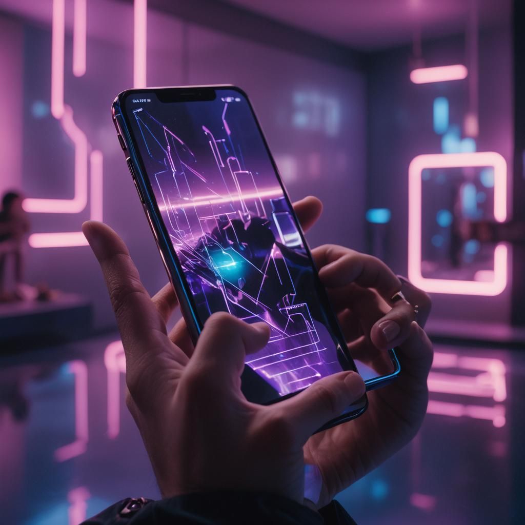 Futuristic Smartphone in Hand with Neon Reflections