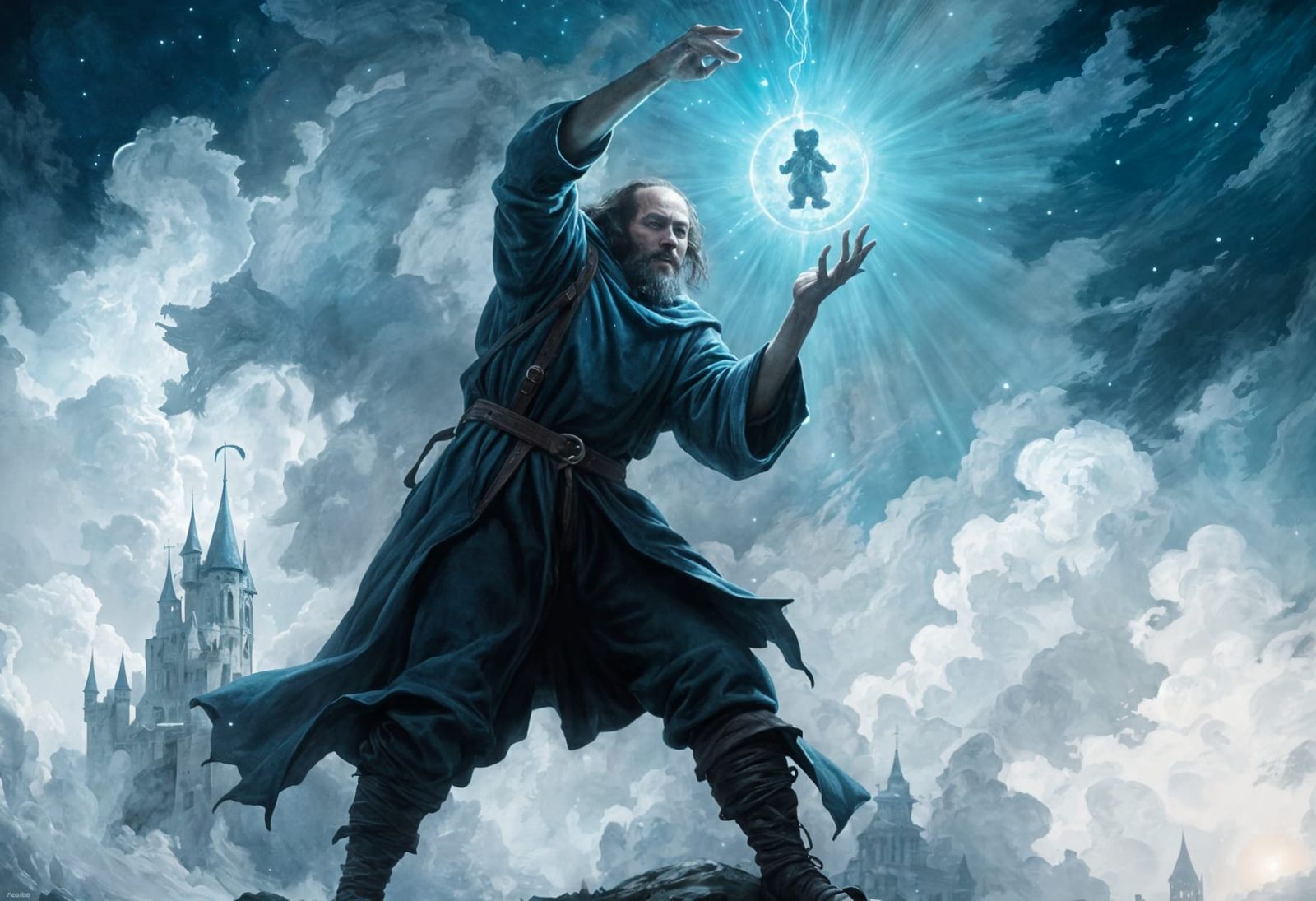 Medieval Wizard Conjures Teddy Bear in Oil Painting