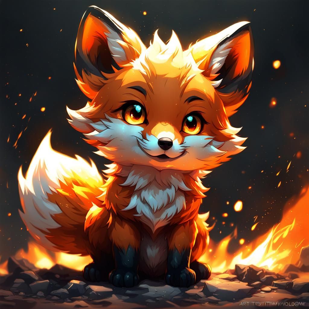 Fiery Chibi Fox Cub Digital Art