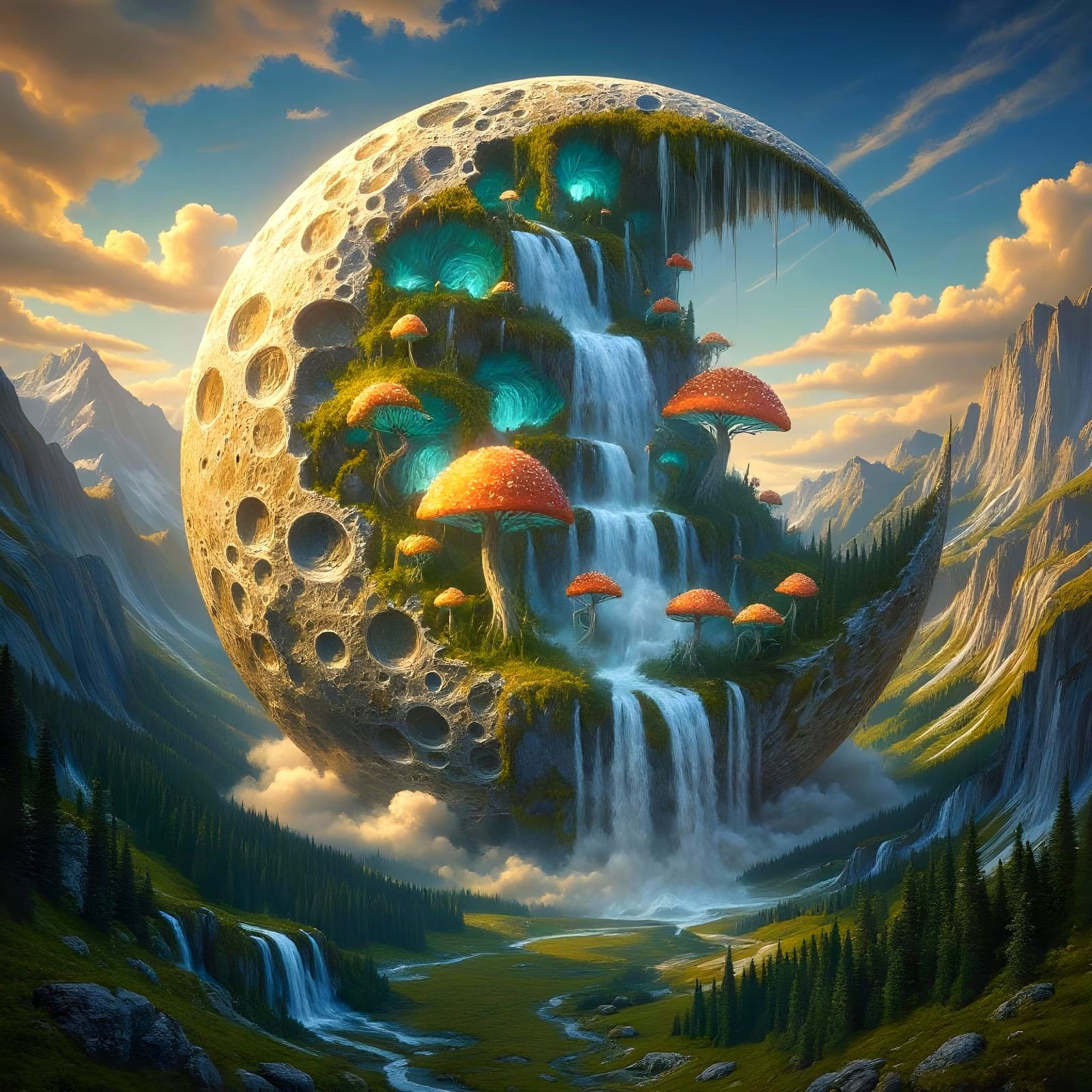 Giant Glowing Moon Crash in Mountain Valley