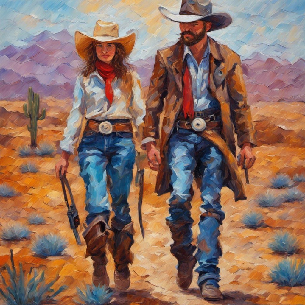 Cowboy and Cowgirl in Desert, Expressionist Oil Painting