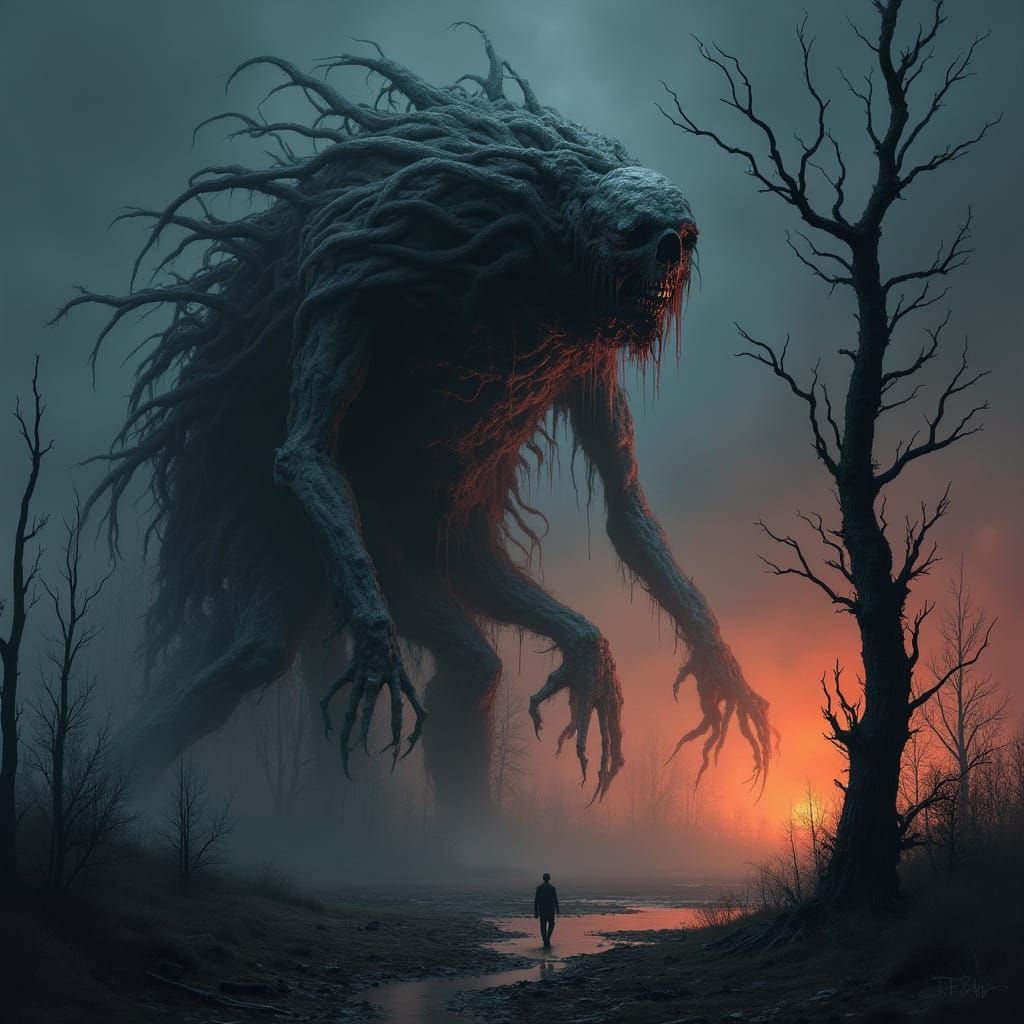 Grotesque Horror Figure Dominates Dark, Twisted Landscape