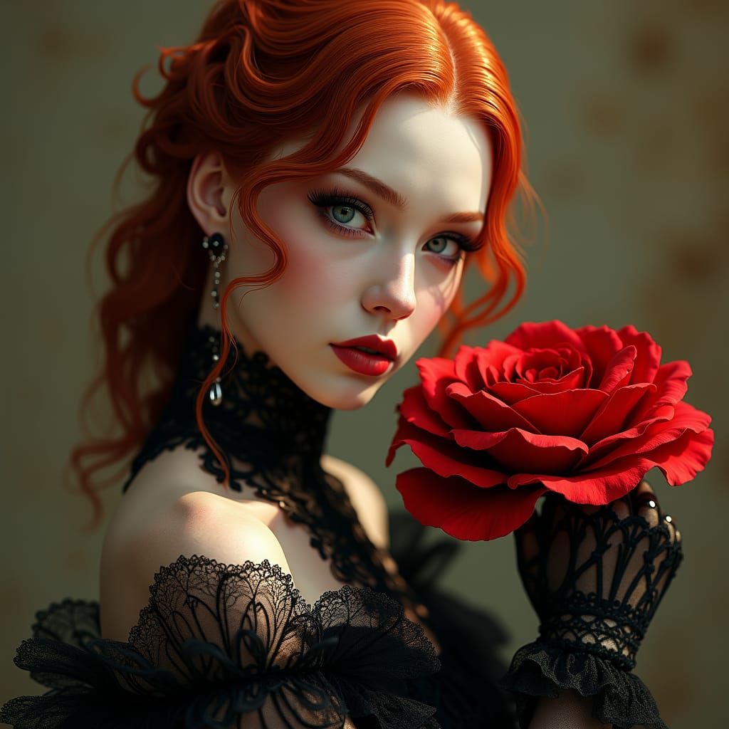 Albino Woman with Rose in Art Nouveau Style