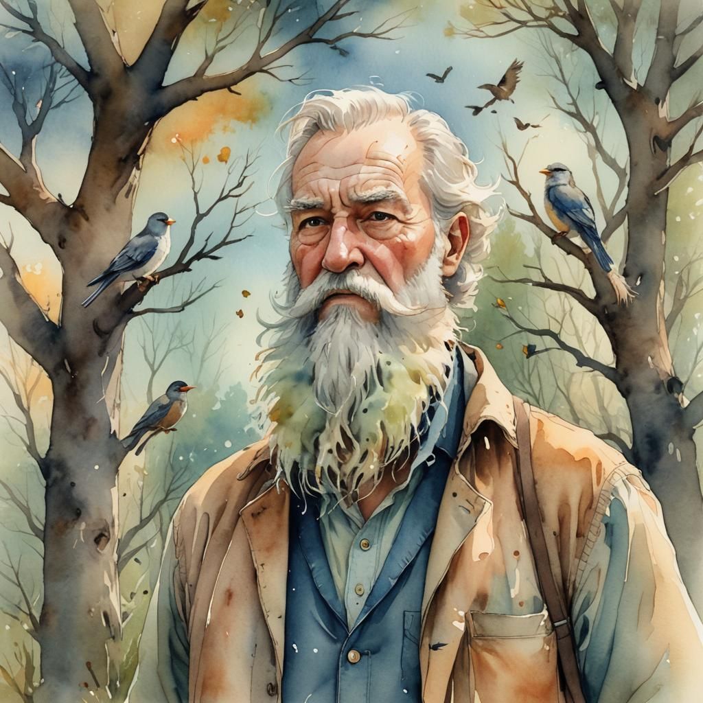 Whimsical Watercolor: Angry Old Man with Bird-Nesting Beard