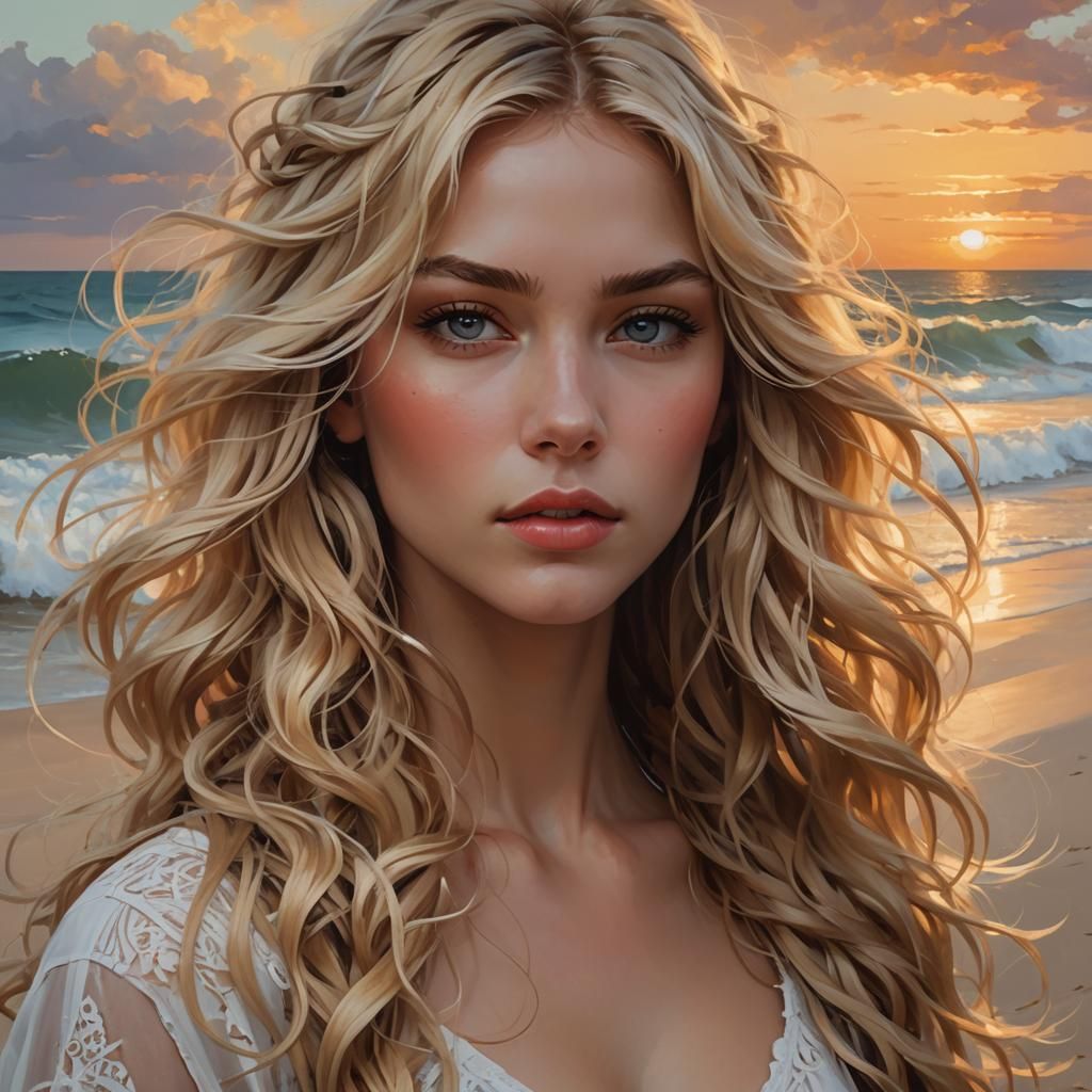 Palette Knife Portrait of Blonde Woman on Beach