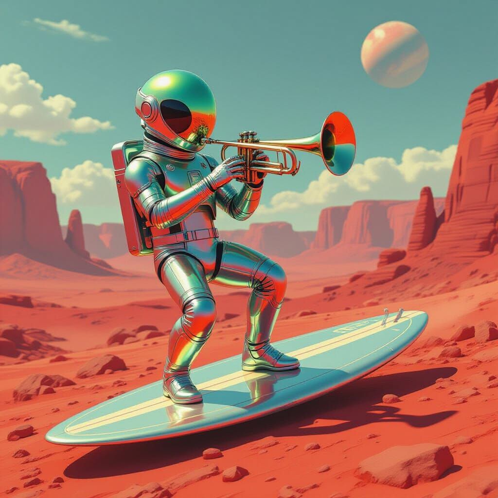 Alien Surfer on Mars in Retro-Futuristic Style