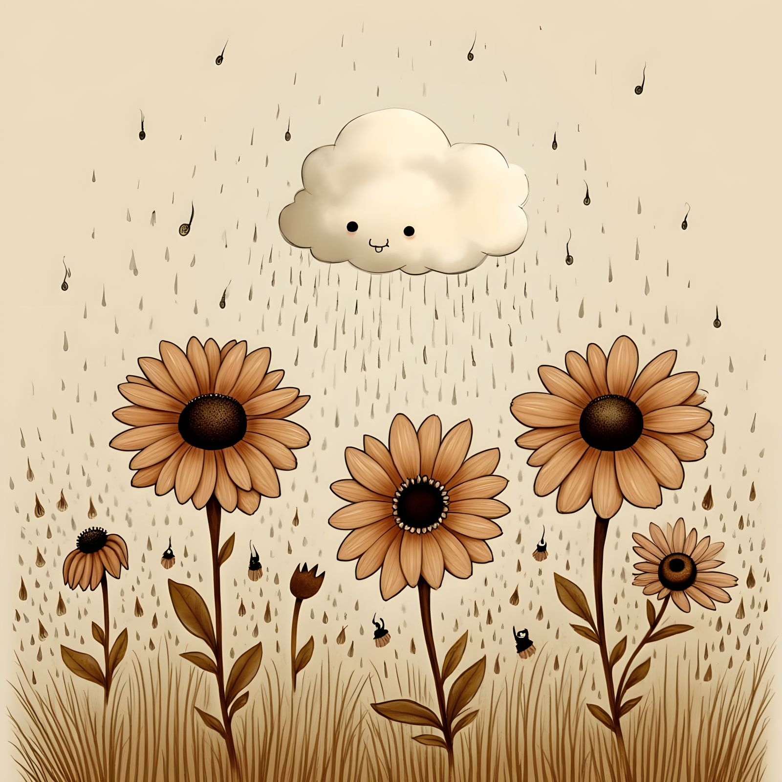 Vintage Cartoon Brown Flowers Sing in Rainy Day