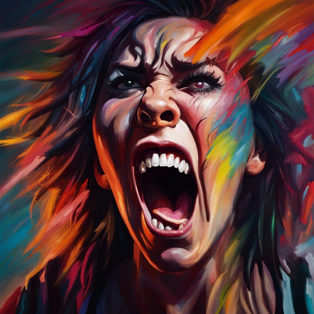 Woman Screams in Fear: Hyperrealistic Splash Art
