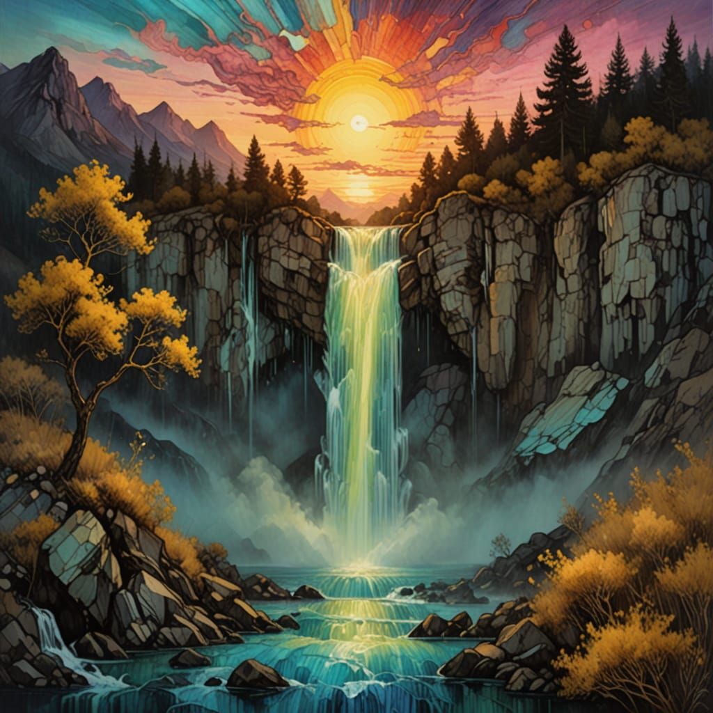 Surreal Encaustic Waterfall at Sunset