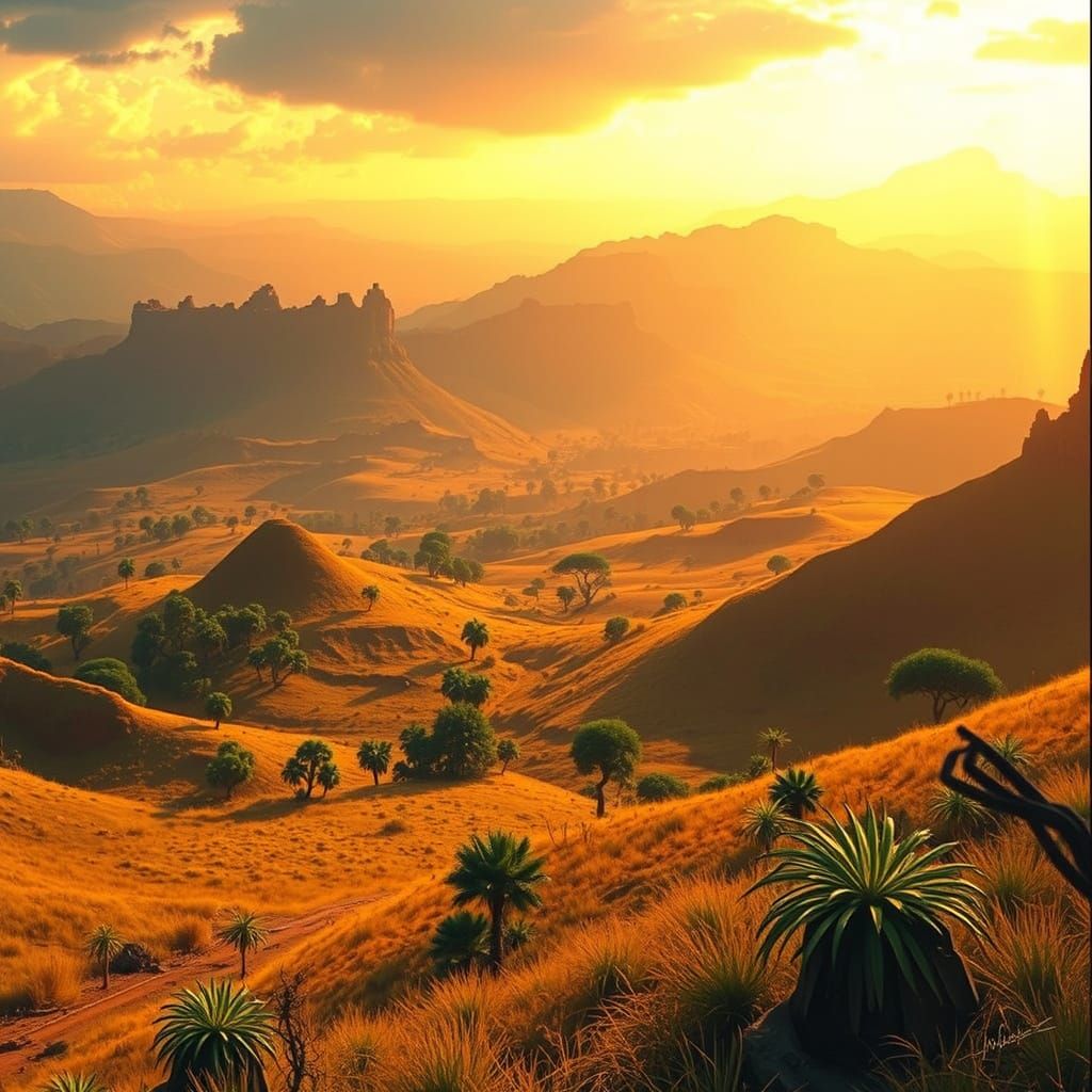 Vibrant Tanzanian Landscape in Atmospheric Matte Painting St...