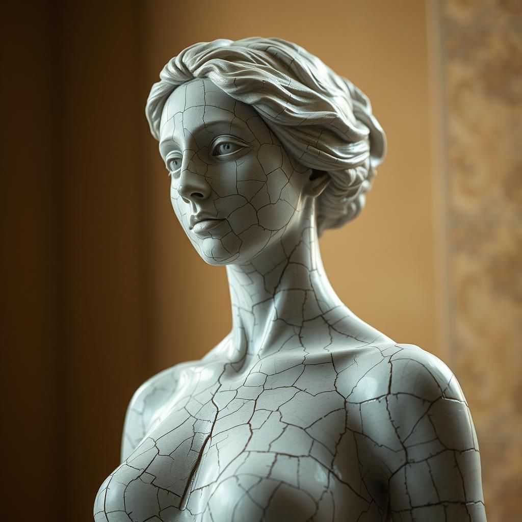 Cracked Porcelain Woman Statue in Natural Light