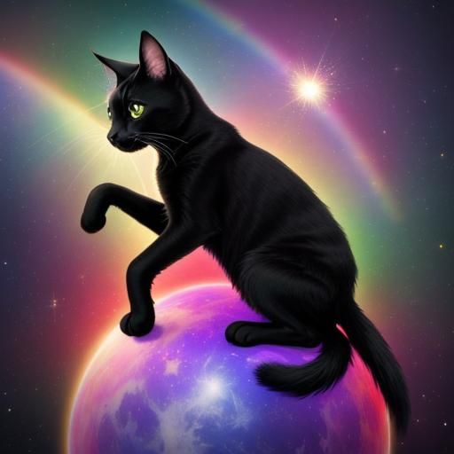 Cosmic Cat on Starry Rainbow Background