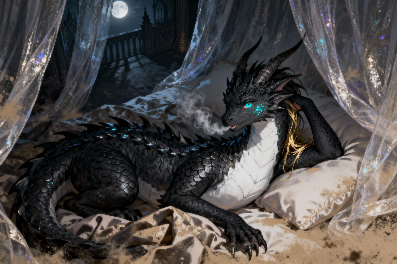 Dragon Nymph in Moonlit Castle Bedroom