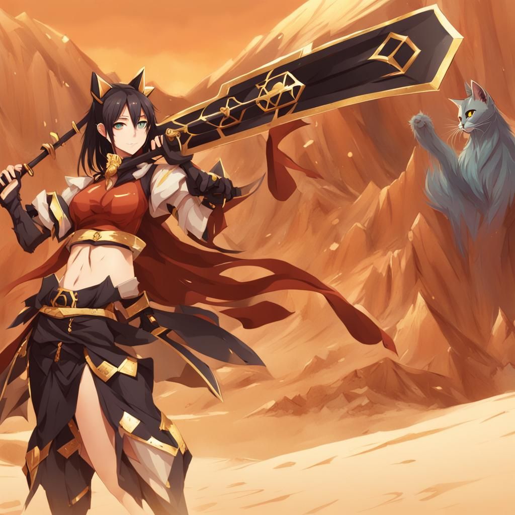 Anime Catgirl Warrior with Greatsword on Golden Sand