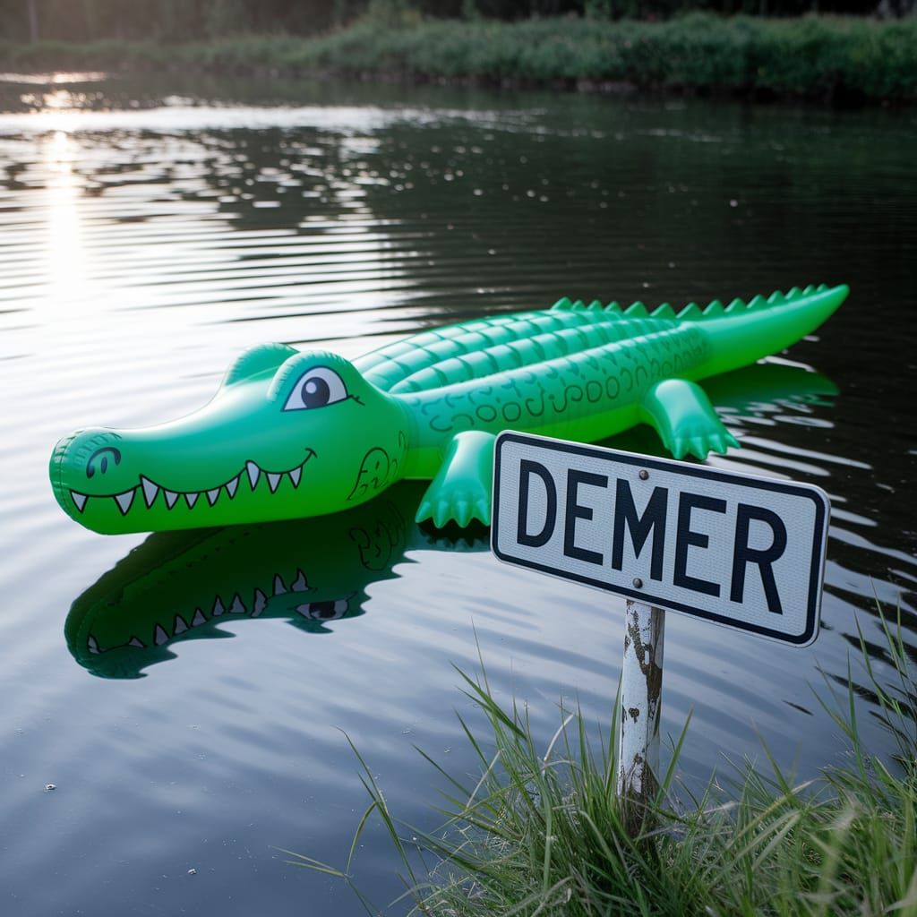 Inflatable Crocodile Floats on River Demer