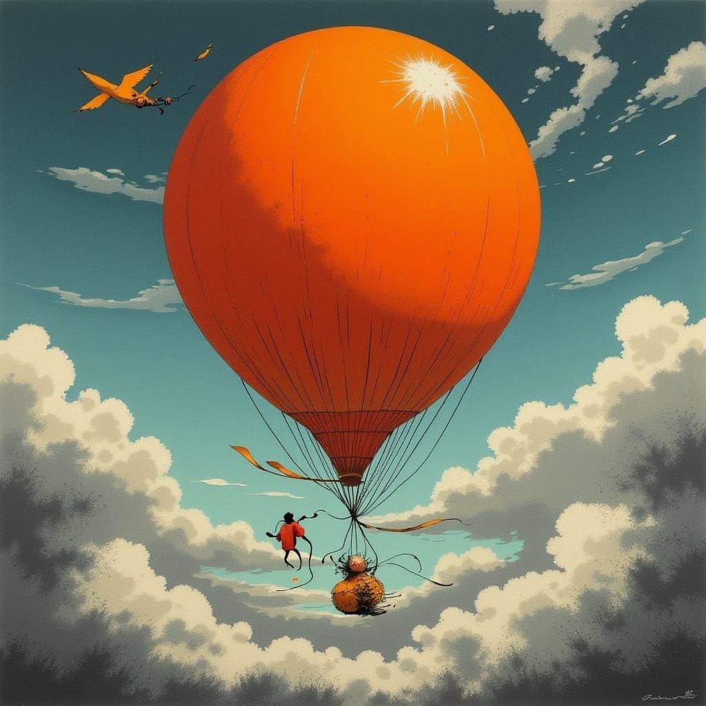 Giant Orange Balloon Ascends with Monkey Rider