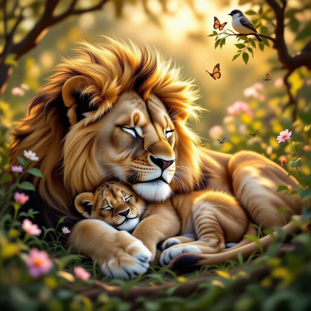 Lion Cub Asleep in Mother's Mane in Hyperrealism