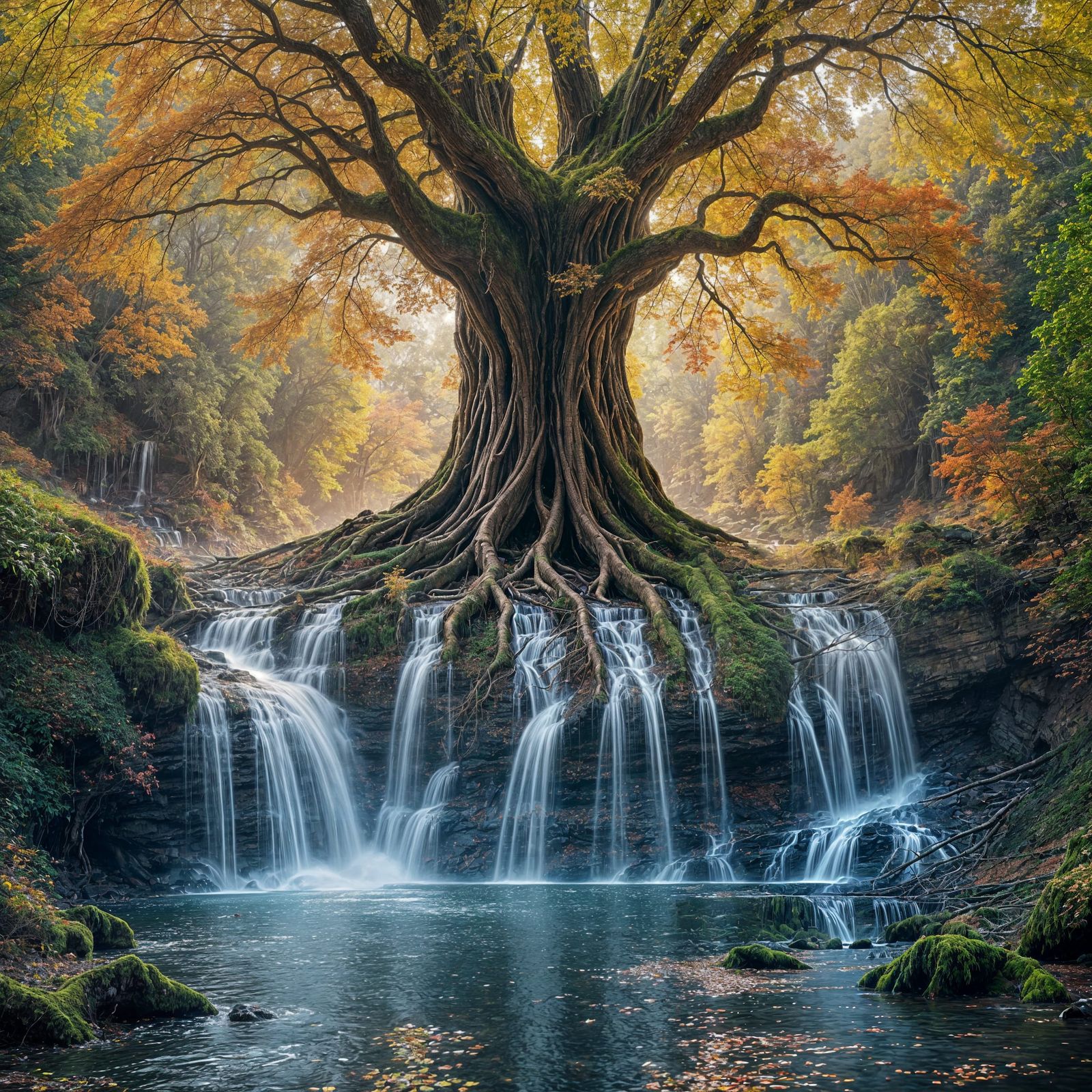 Ancient Tree Forms Autumn Waterfall Dam
