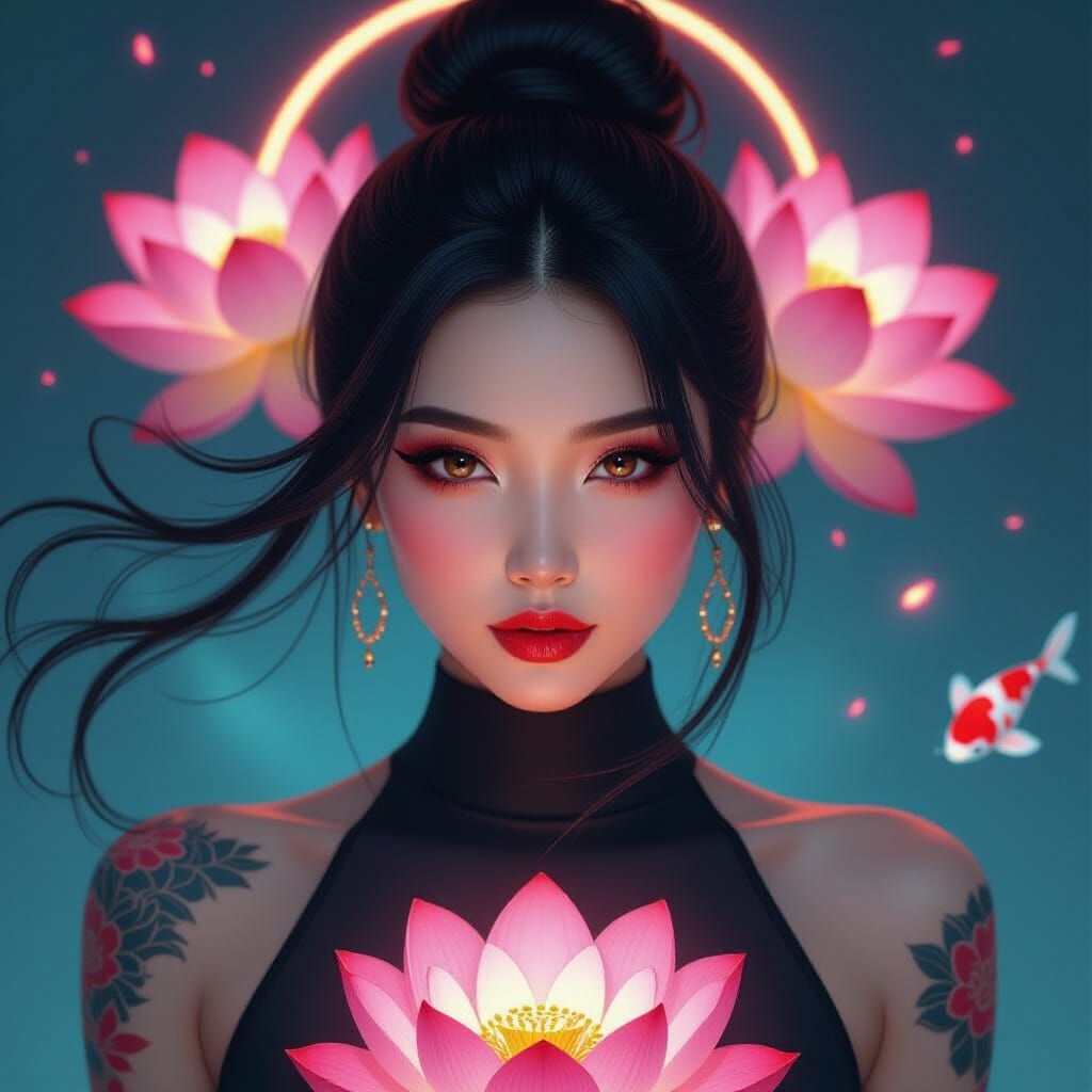 Vietnamese Woman with Neon Tattoos in Cyberpunk Style