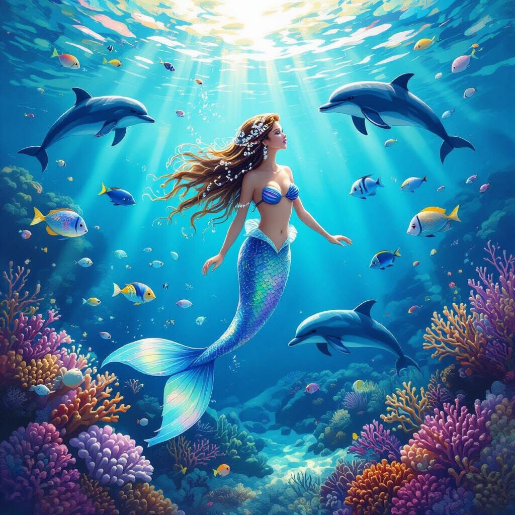 Mermaid in Coral Reef: Impressionistic Underwater Scene