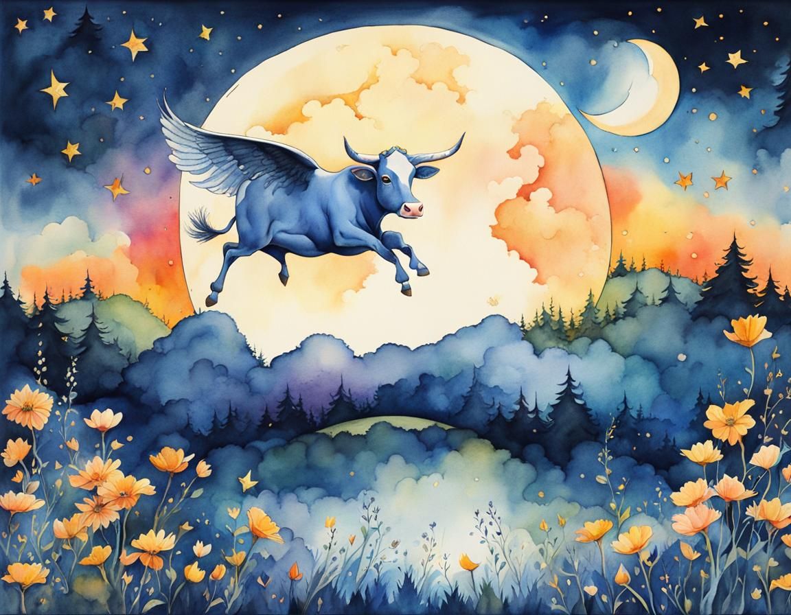 Whimsical Cow Over the Moon Watercolor Illustration