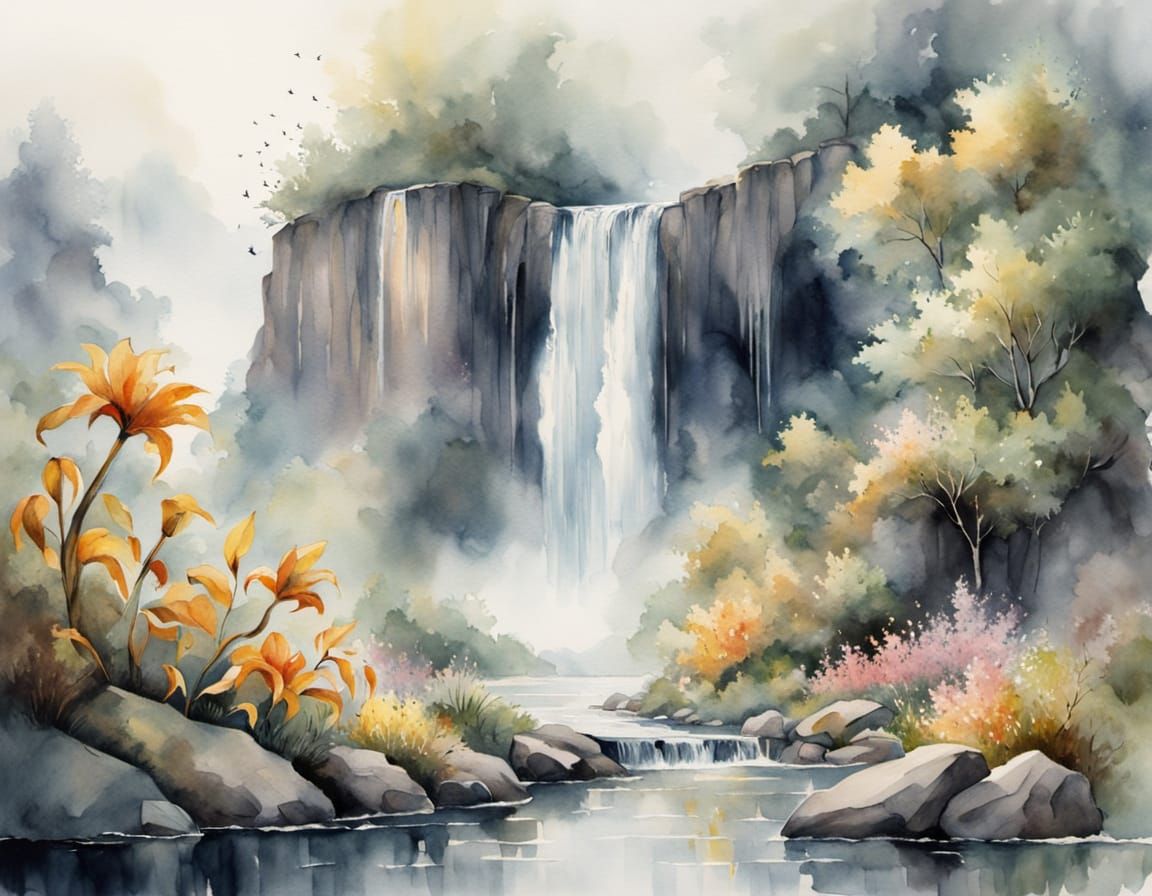 Dreamlike Watercolor Scene with Woman and Waterfall