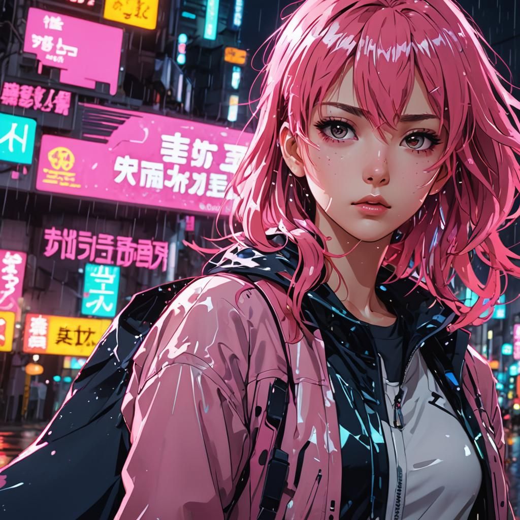Anime Heroine in Futuristic Cityscape