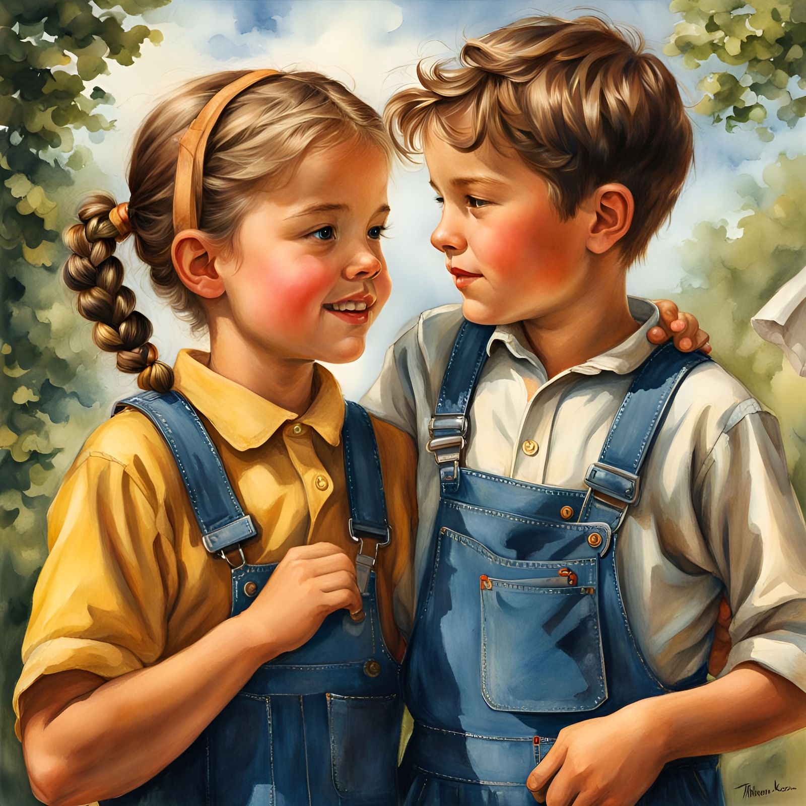 Children's First Love in Retro Watercolor Illustration