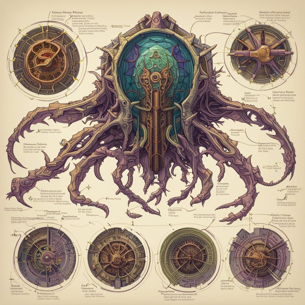 Detailed Technical Drawings of Biomechanical Horror