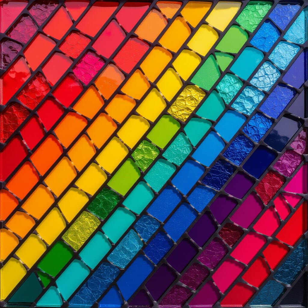 Image is a vibrant, abstract mosaic pattern featuring a seri...