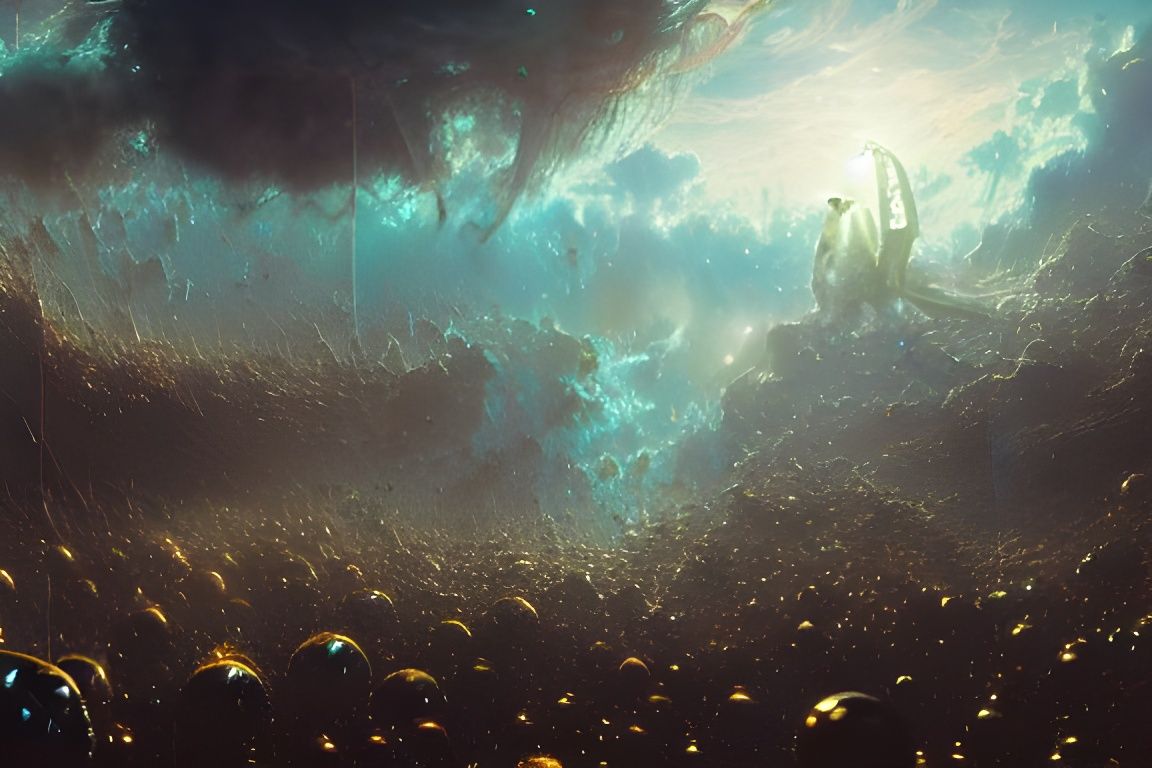 Underwater Spheres Floating Over Sunset Clouds