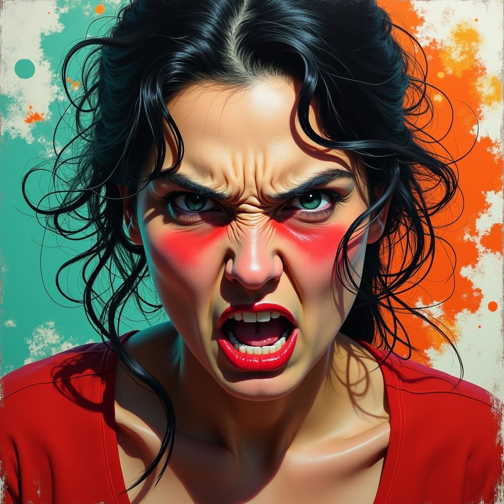 Expressive Portrait of an Angry Woman in Vibrant Colors