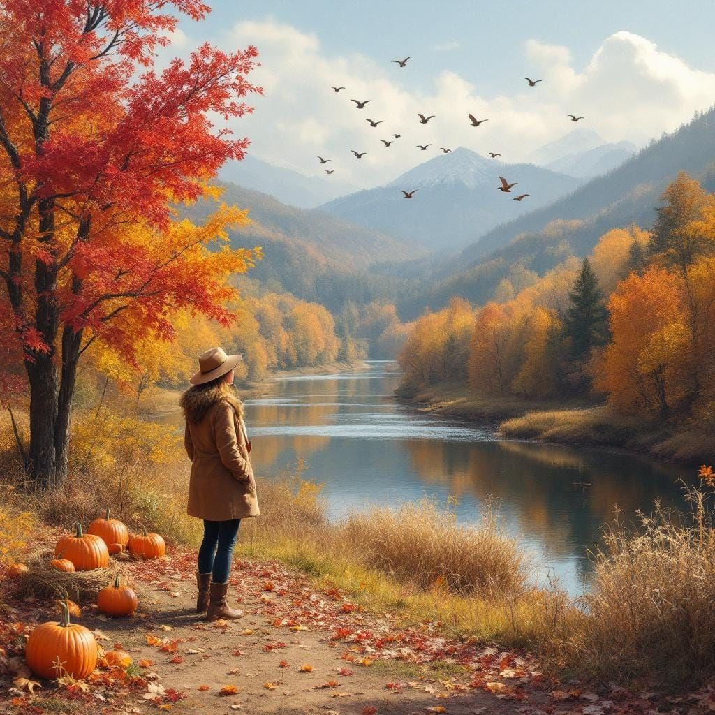 Autumnal River Valley Scene in Gouache and Watercolor