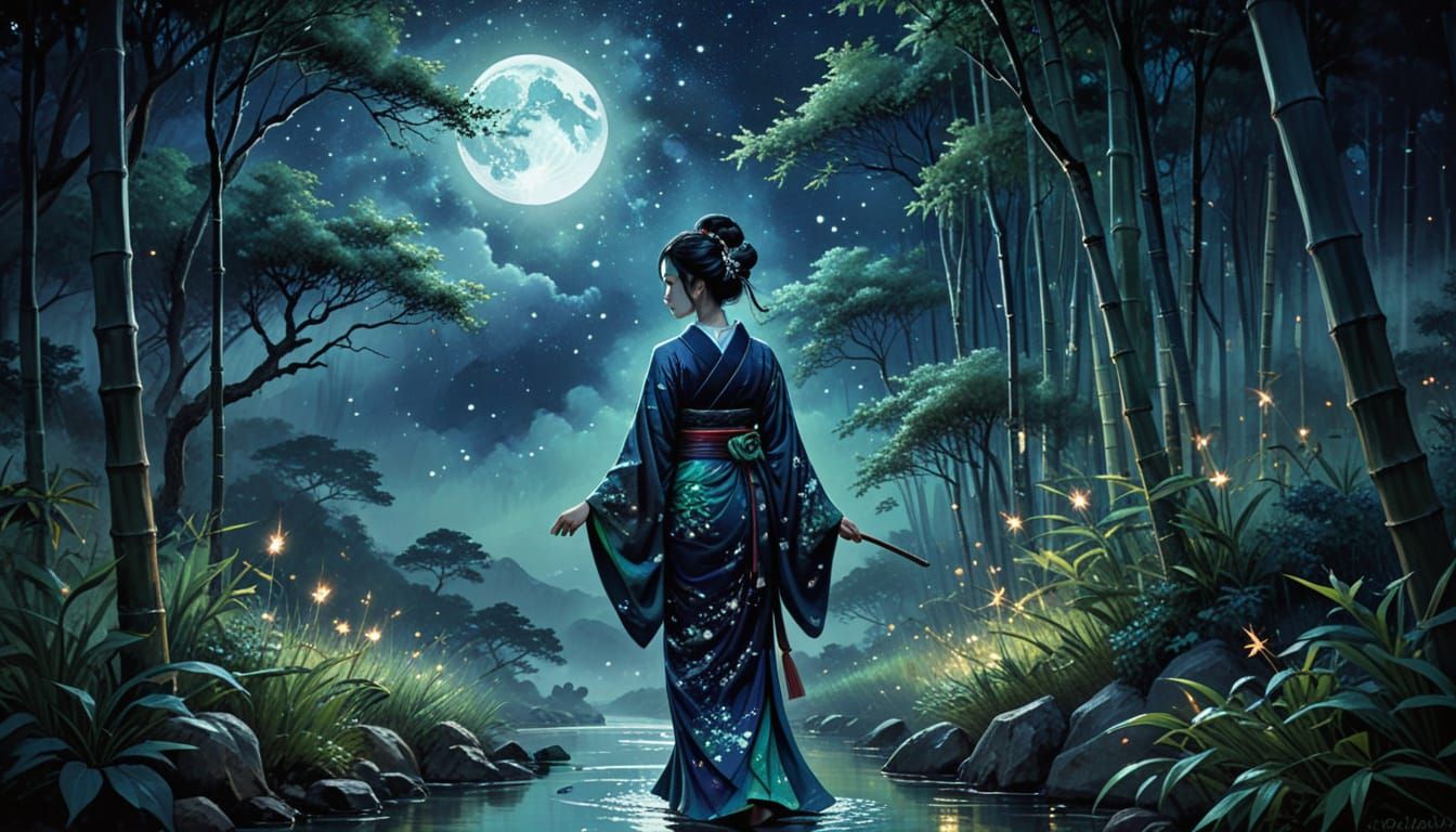 Geisha in Bamboo Forest with Dragon Constellation