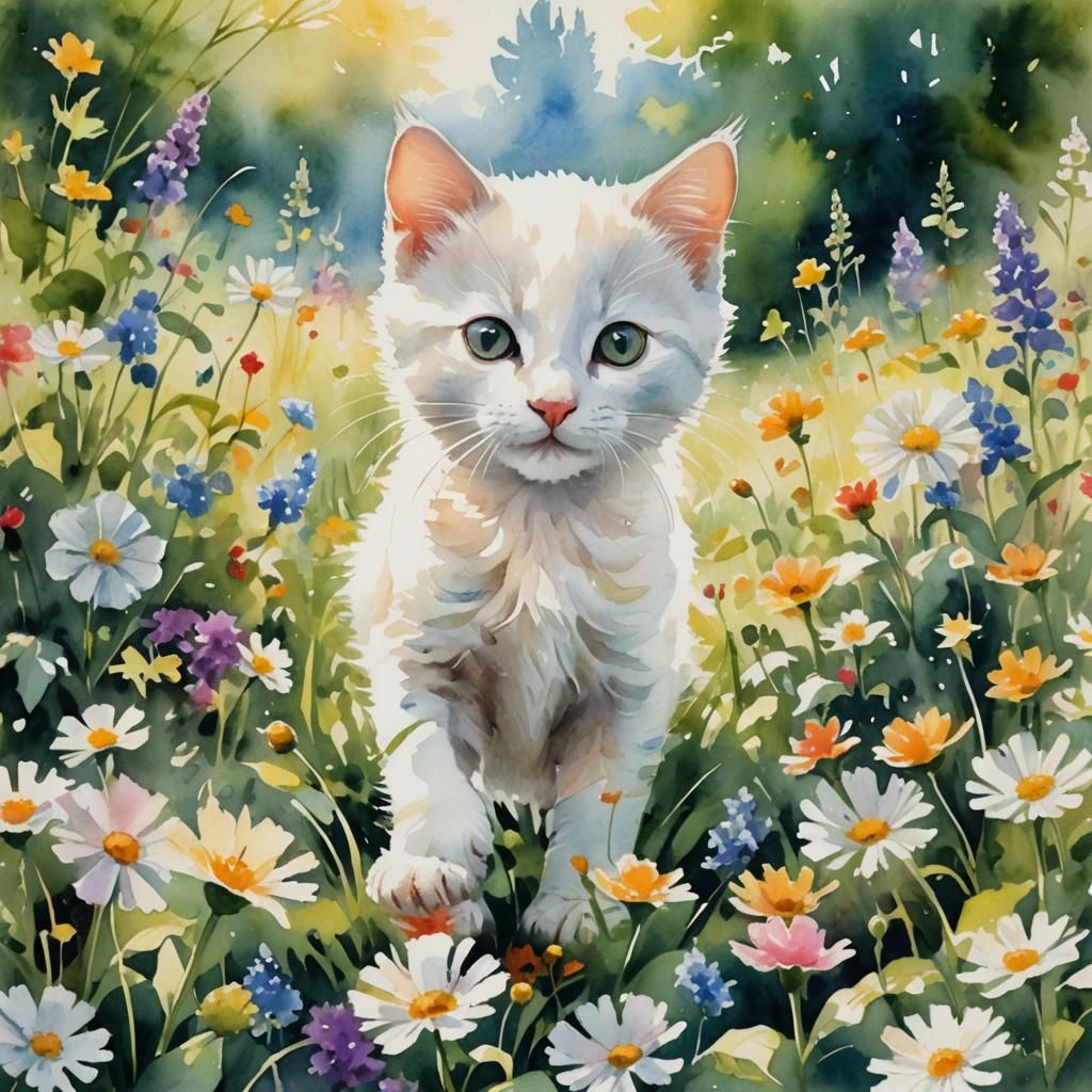 Kitten's Garden Chase: Whimsical Watercolor Portrait