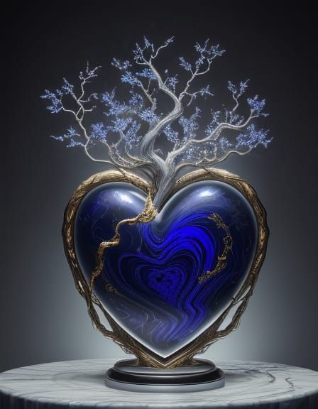Surreal Lapis Heart with Marble Faces and Crystal Branches