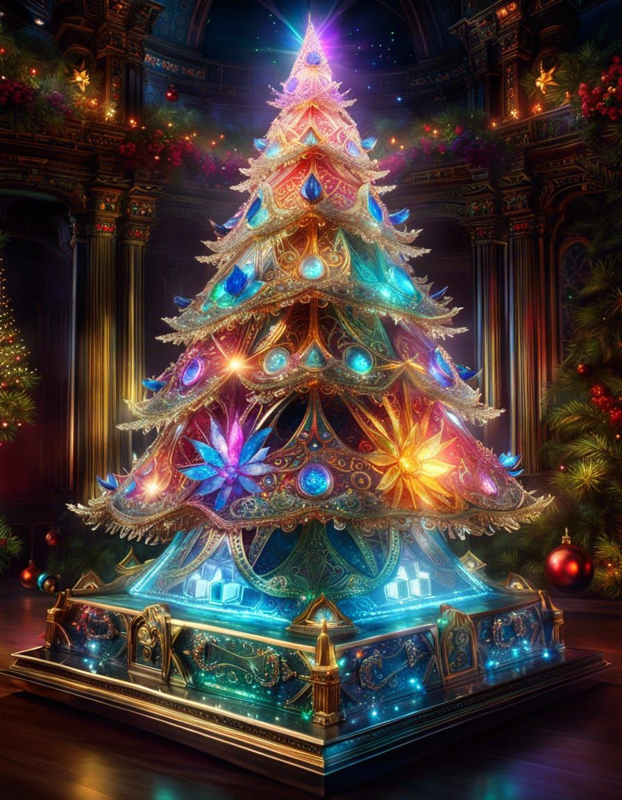 Holographic Crystal Christmas Tree in Fantasy Artwork