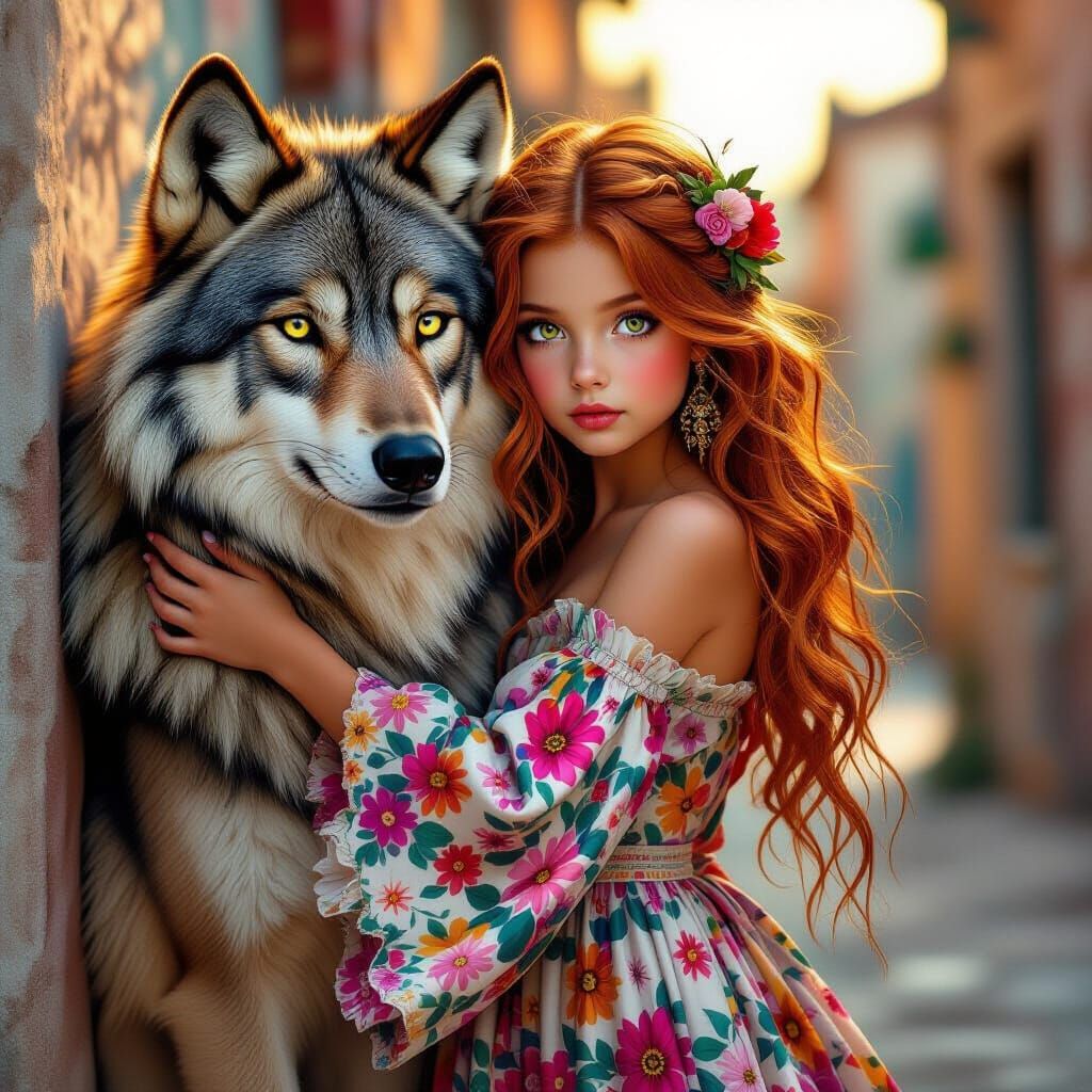 Whimsical Girl Cuddles Wolf in Golden Hour Glow