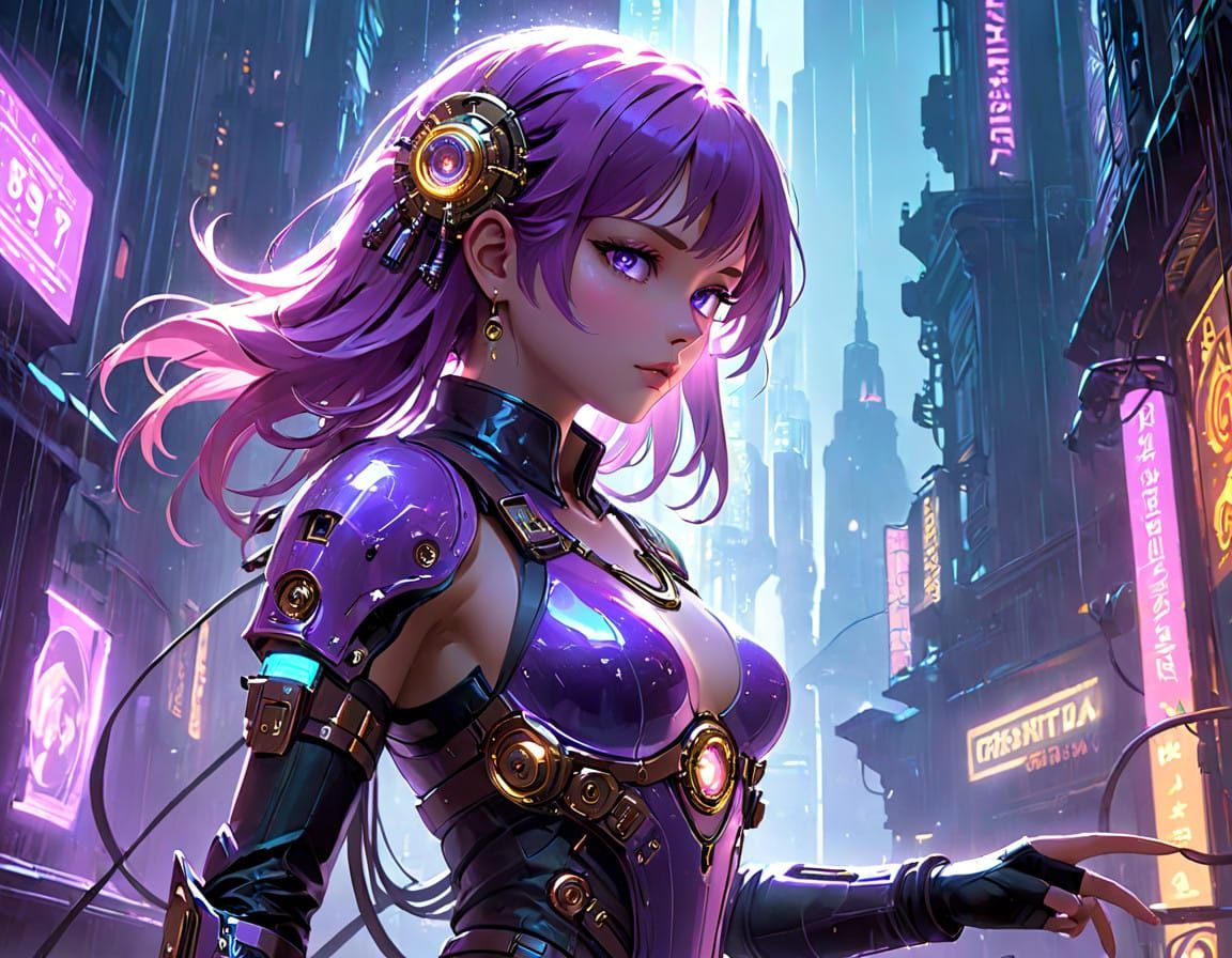 Cyberpunk Mad Scientist in Dark Fantasy Cityscape