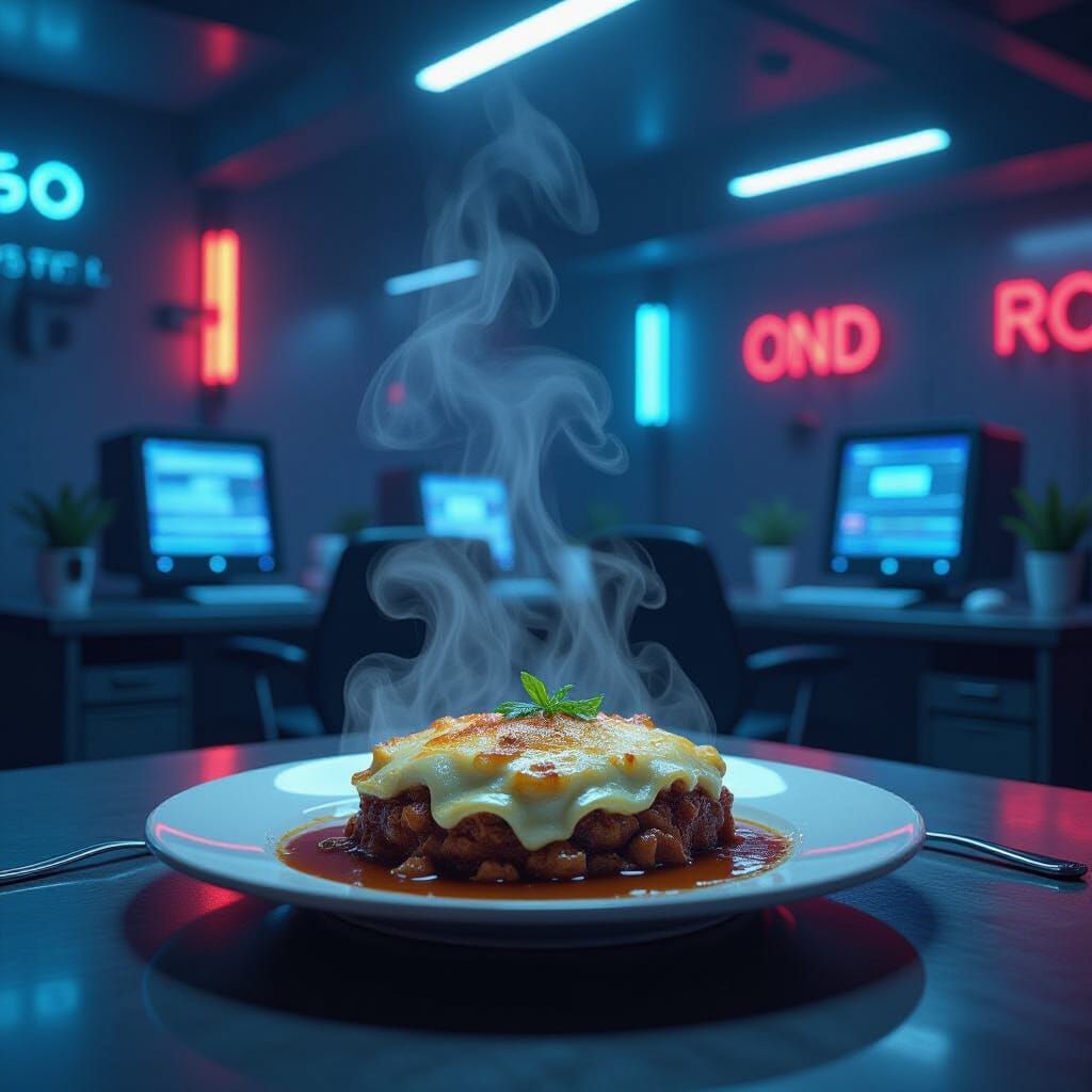 Moussaka in Cybercafé: Hyperrealistic Futuristic Scene