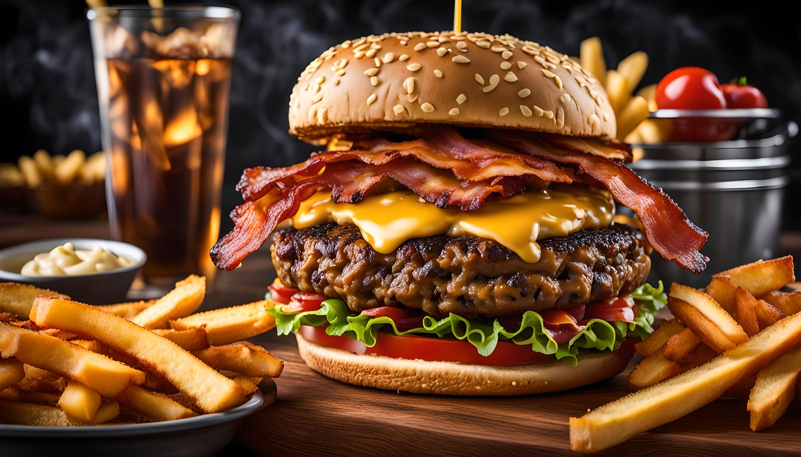 Triple Bacon Cheeseburger with Fries in HDR