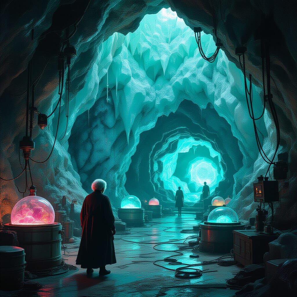 Mad Granny's Retro-Futuristic Lab Inside Glowing Geode