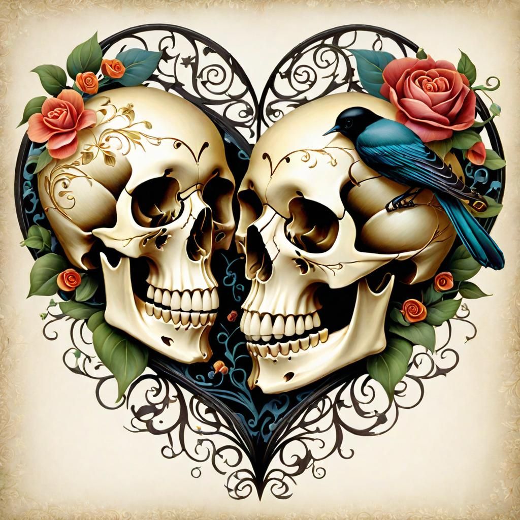 Heart of Skulls with Floral Ornamentation