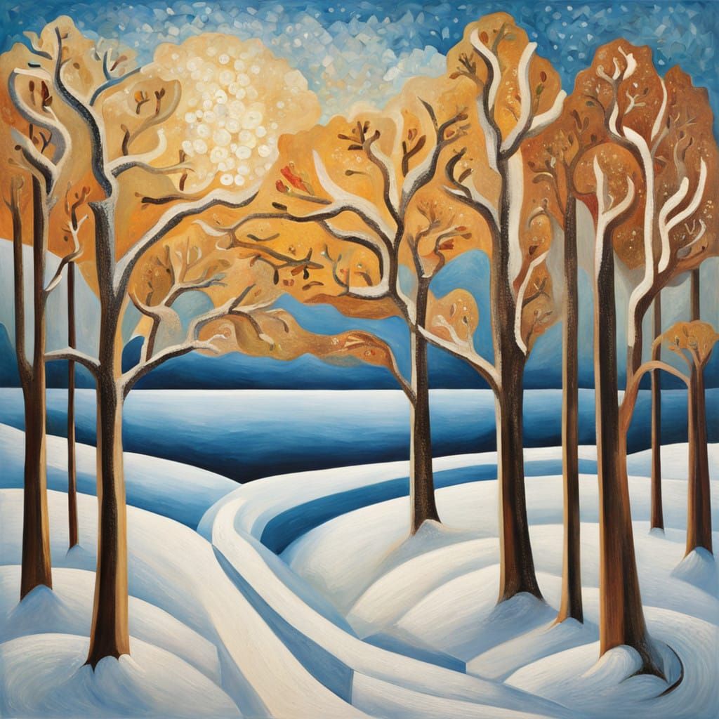 Golden Memories on a Frozen Lake in Winter Impasto